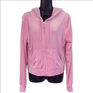 Playboy Women's Pink Soft Velour Zip Up Hoodie Bling Bunny Logo Size S Y2K